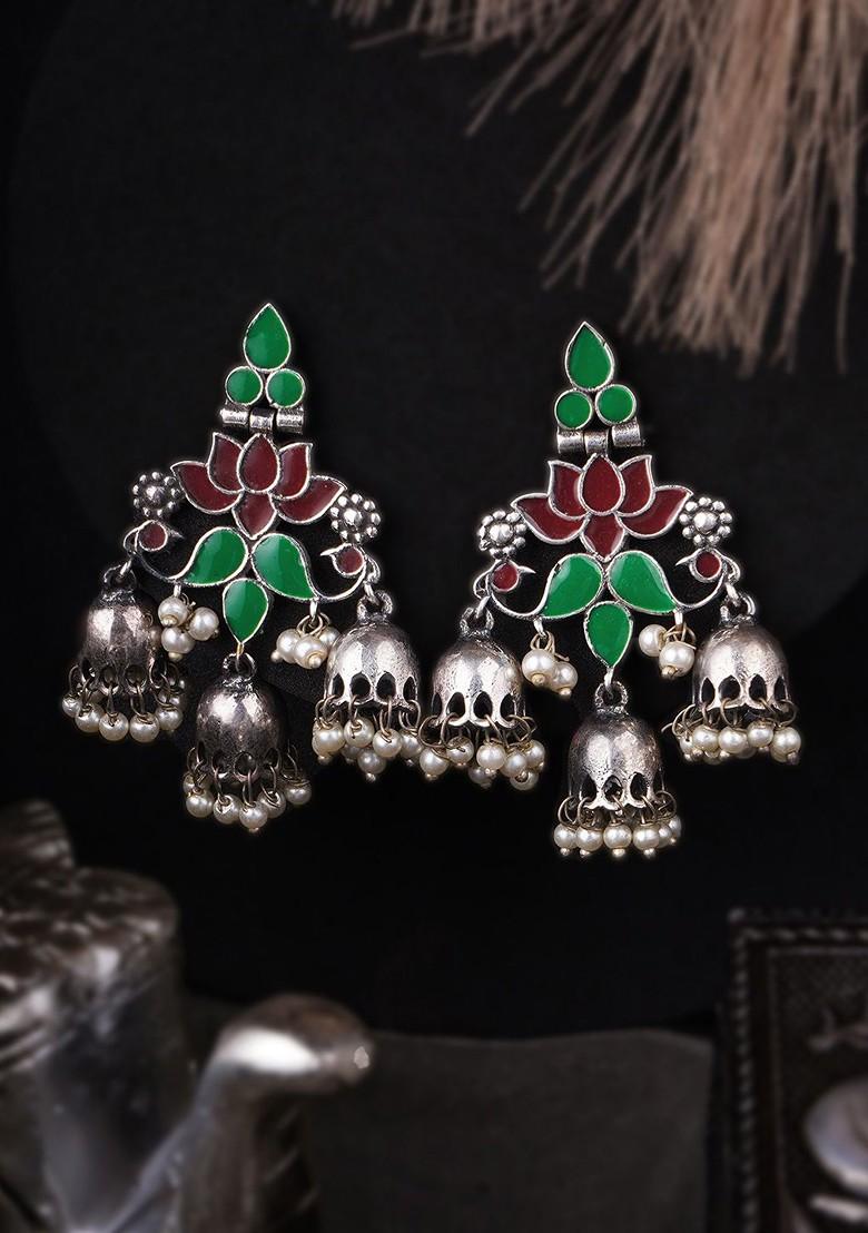 Silver Studded  And Beaded  Silver Plated  Earrings