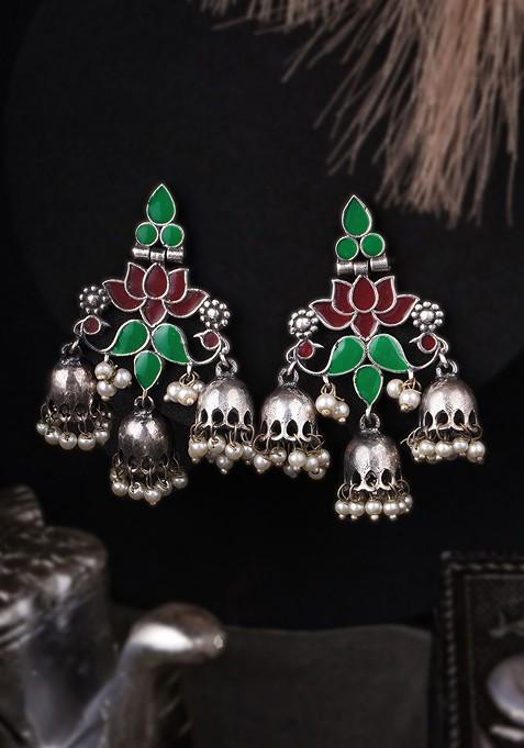 Silver Studded  And Beaded  Silver Plated  Earrings