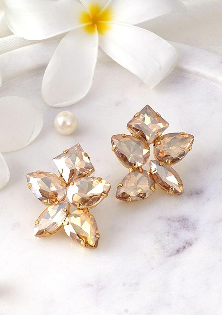 Gold Stone Studded And Beaded Gold Plated Earrings