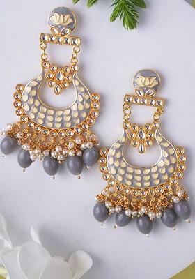 Black Stone Studded And Beaded Gold Plated Earrings