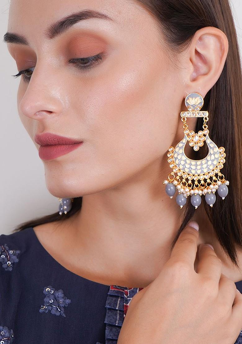 Black Stone Studded And Beaded Gold Plated Earrings