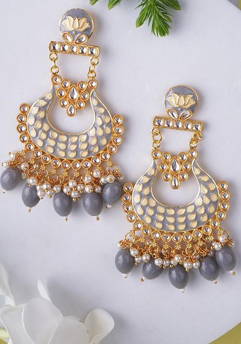 Black Stone Studded And Beaded Gold Plated Earrings