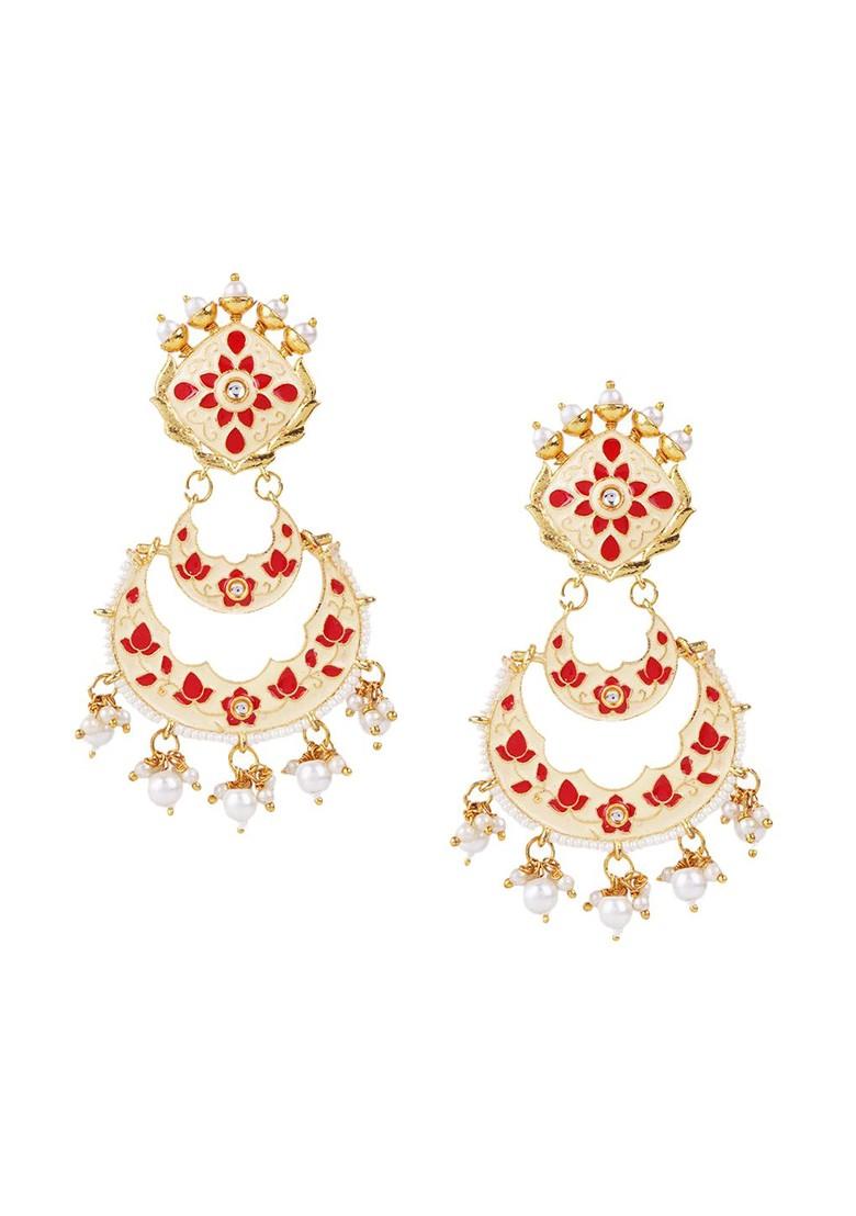 Cream Stone Studded And Beaded Gold Plated Earrings