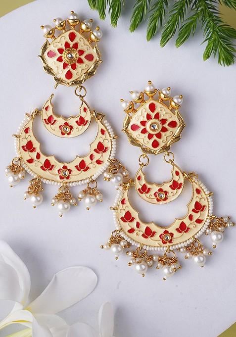 Cream Stone Studded And Beaded Gold Plated Earrings