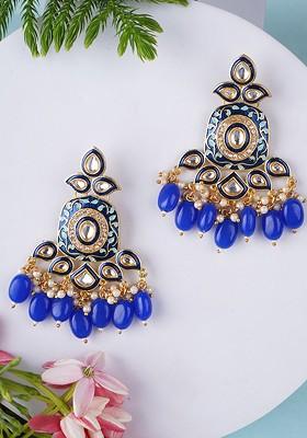 Blue Artificial Stones And Beads Gold Plated Earrings
