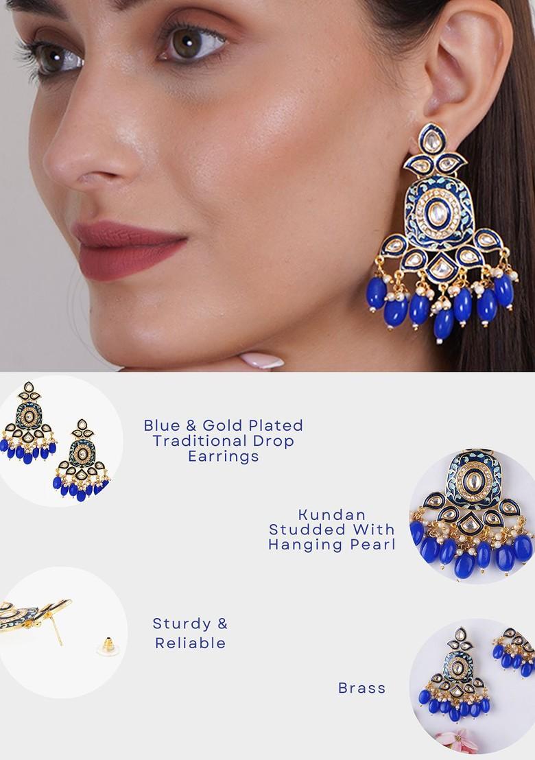 Blue Artificial Stones And Beads Gold Plated Earrings