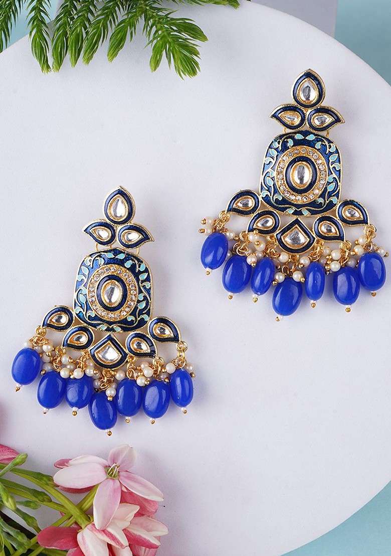 Blue Artificial Stones And Beads Gold Plated Earrings - Indya