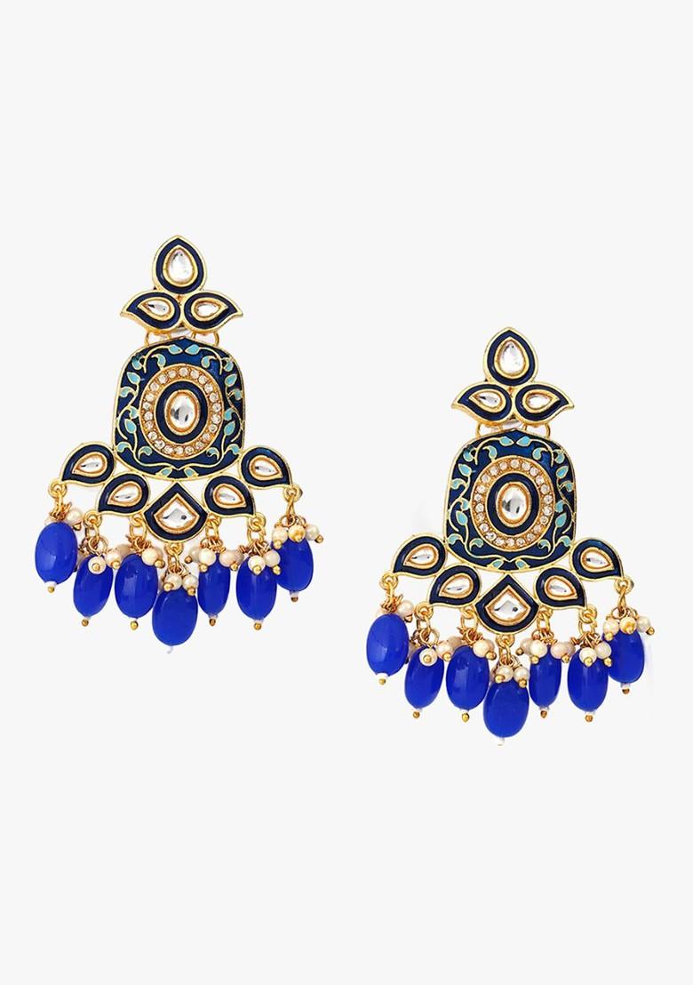 Blue Artificial Stones And Beads Gold Plated Earrings