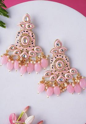Pink Studded  And Beaded  Gold Plated Earrings