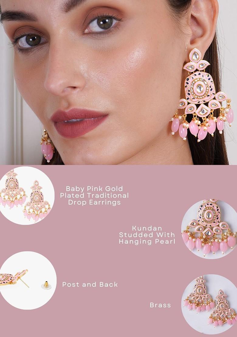 Pink Studded  And Beaded  Gold Plated Earrings