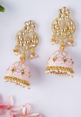 Pink Studded  And Beaded  Gold Plated Earrings