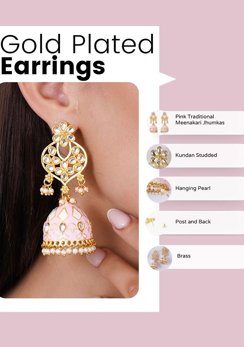 Pink Studded  And Beaded  Gold Plated Earrings
