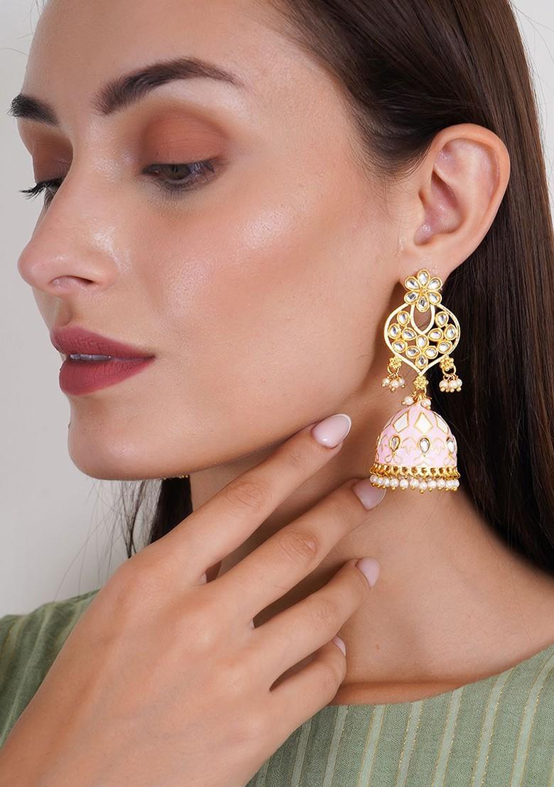 Pink Studded  And Beaded  Gold Plated Earrings