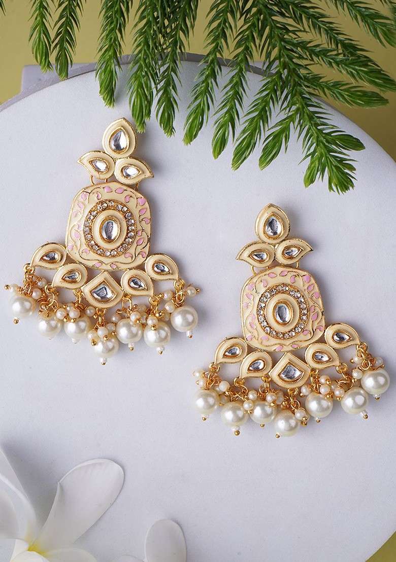 Cream Artificial Stones And Beads Gold Plated Earrings - Indya