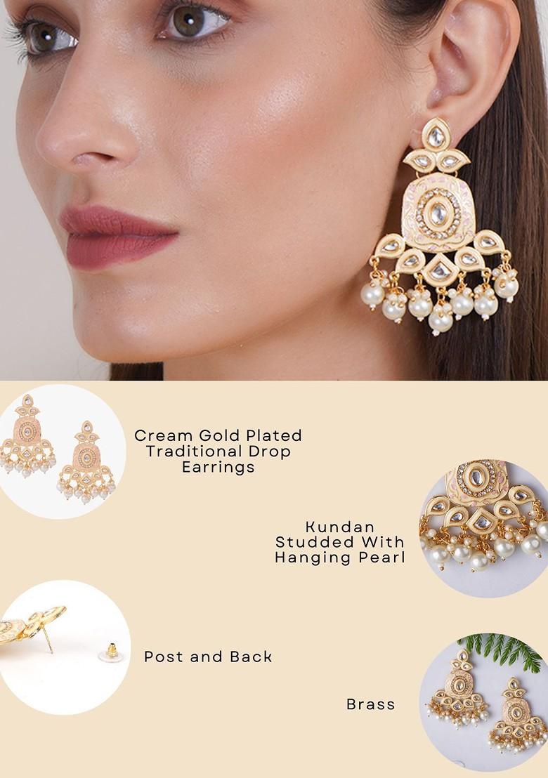 Cream Artificial Stones And Beads Gold Plated Earrings