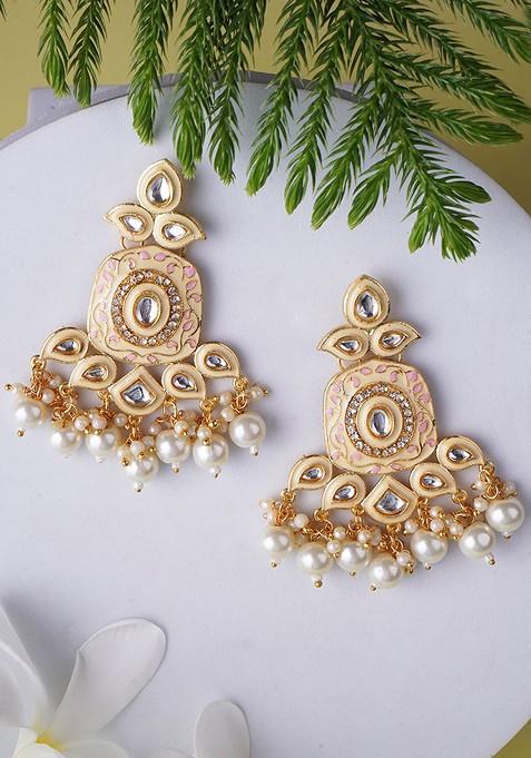 Cream Artificial Stones And Beads Gold Plated Earrings