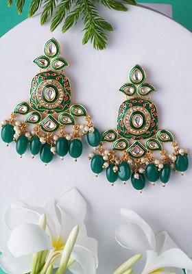 Green Artificial Stones And Beads Gold Plated Earrings