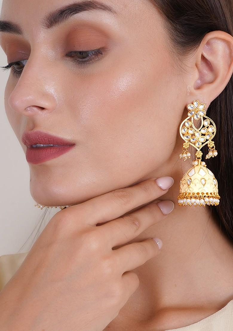 Cream Studded  And Beaded  Gold Plated Earrings