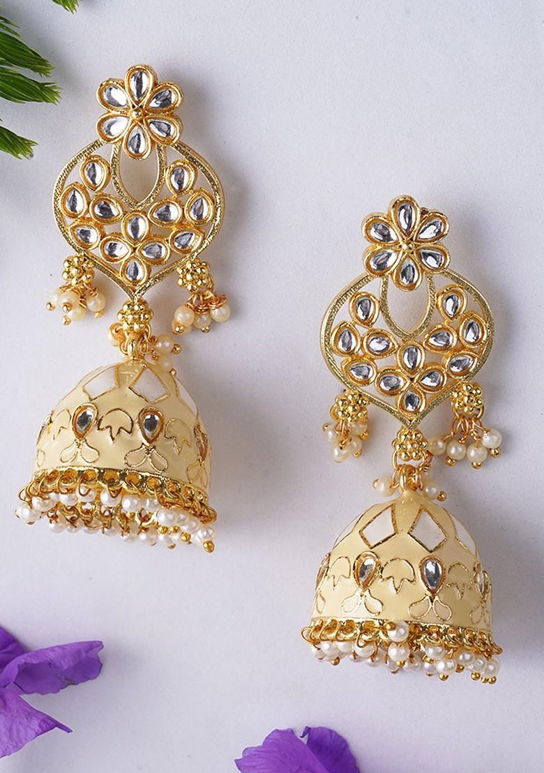 Cream Studded  And Beaded  Gold Plated Earrings