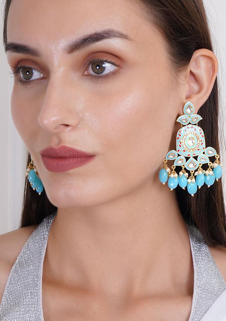 Turquoise Blue Artificial Stones And Beads Gold Plated Earrings