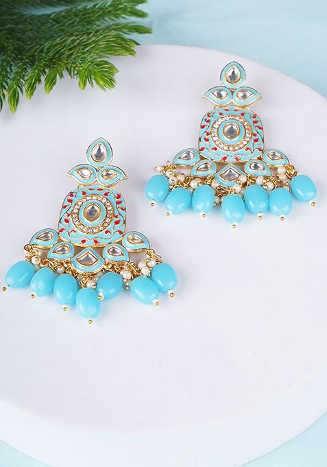 Turquoise Blue Artificial Stones And Beads Gold Plated Earrings