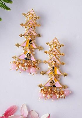 Pink Artificial Stones And Beads Gold Plated Earrings