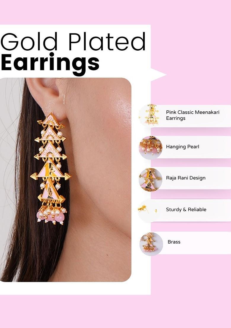 Pink Artificial Stones And Beads Gold Plated Earrings