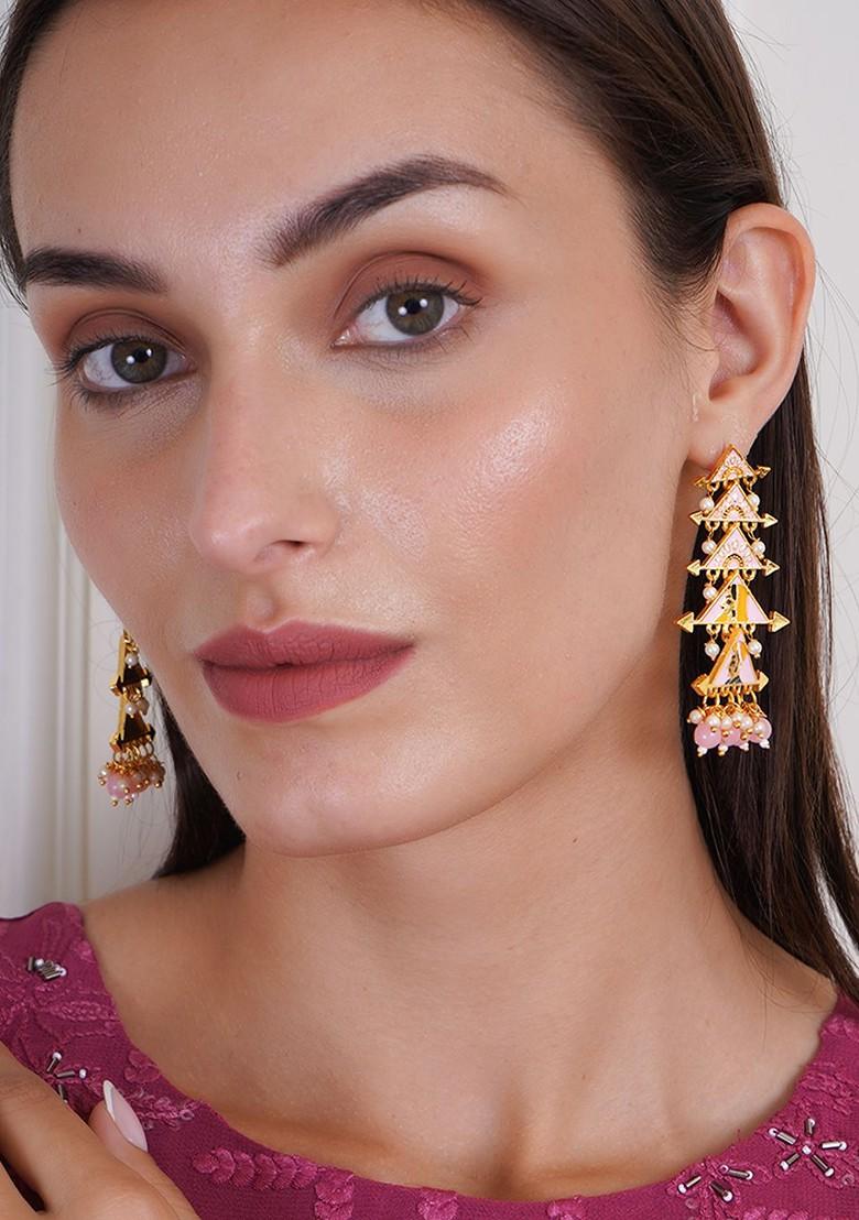 Pink Artificial Stones And Beads Gold Plated Earrings