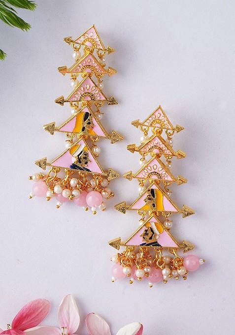 Pink Artificial Stones And Beads Gold Plated Earrings