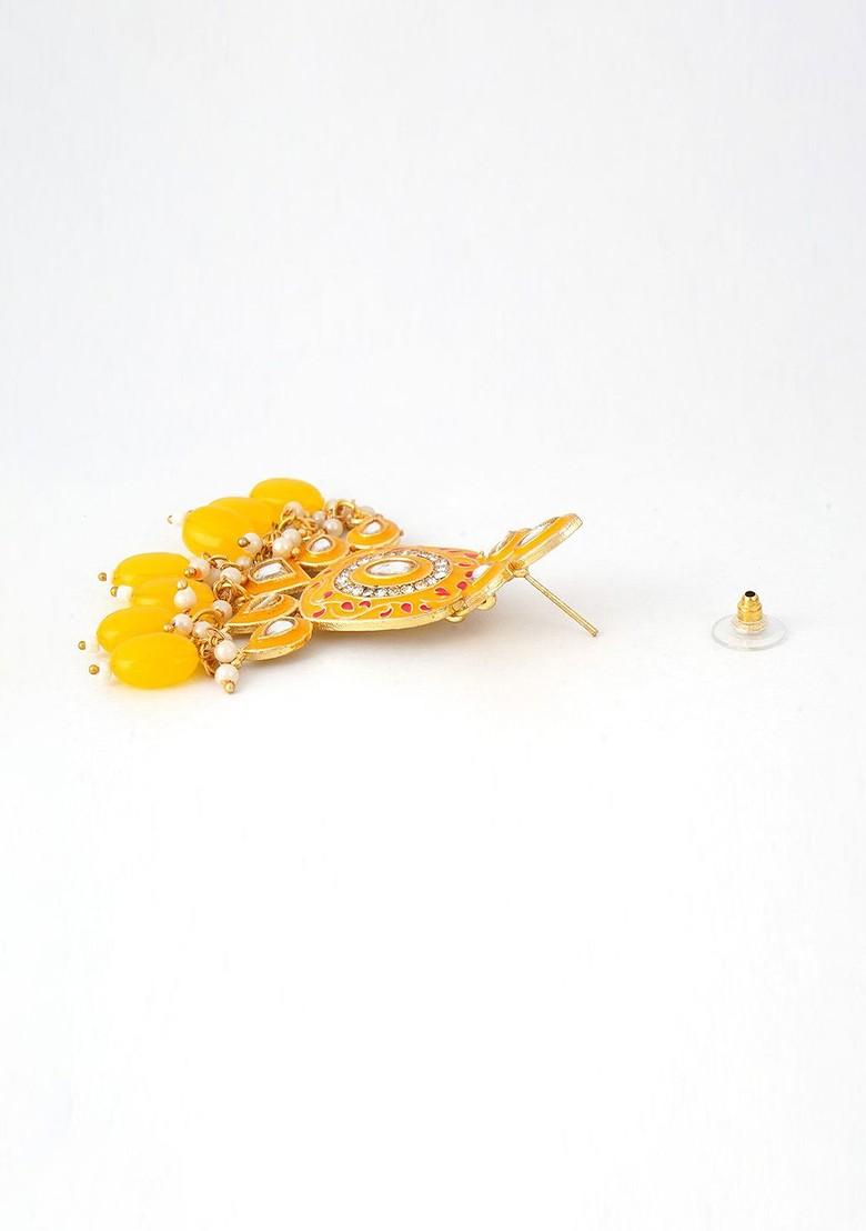 Yellow Artificial Stones And Beads Gold Plated Earrings