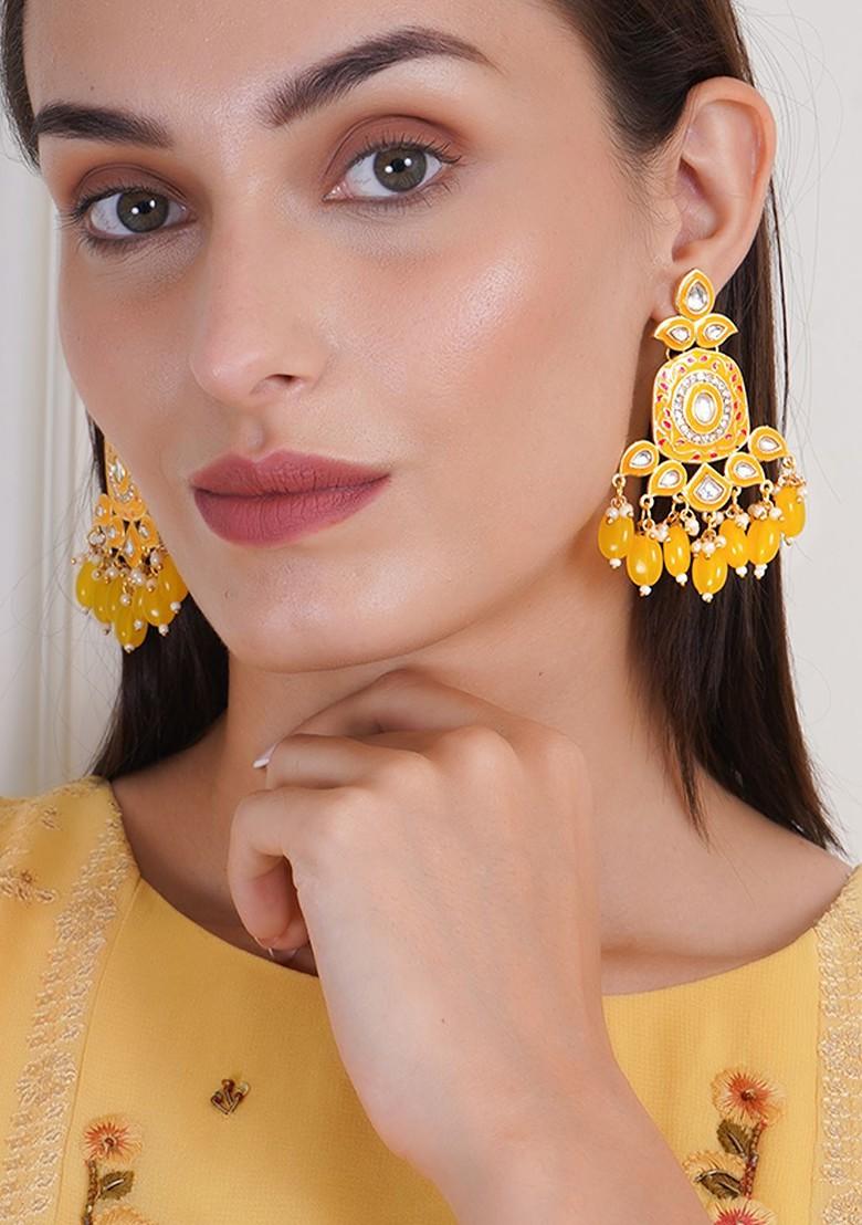 Yellow Artificial Stones And Beads Gold Plated Earrings