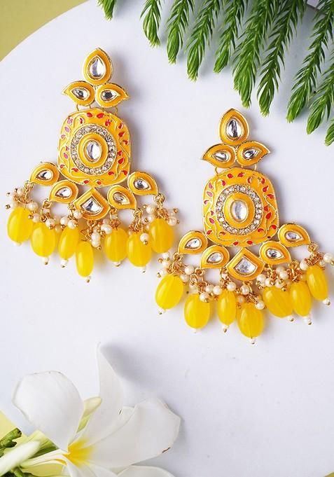 Yellow Artificial Stones And Beads Gold Plated Earrings