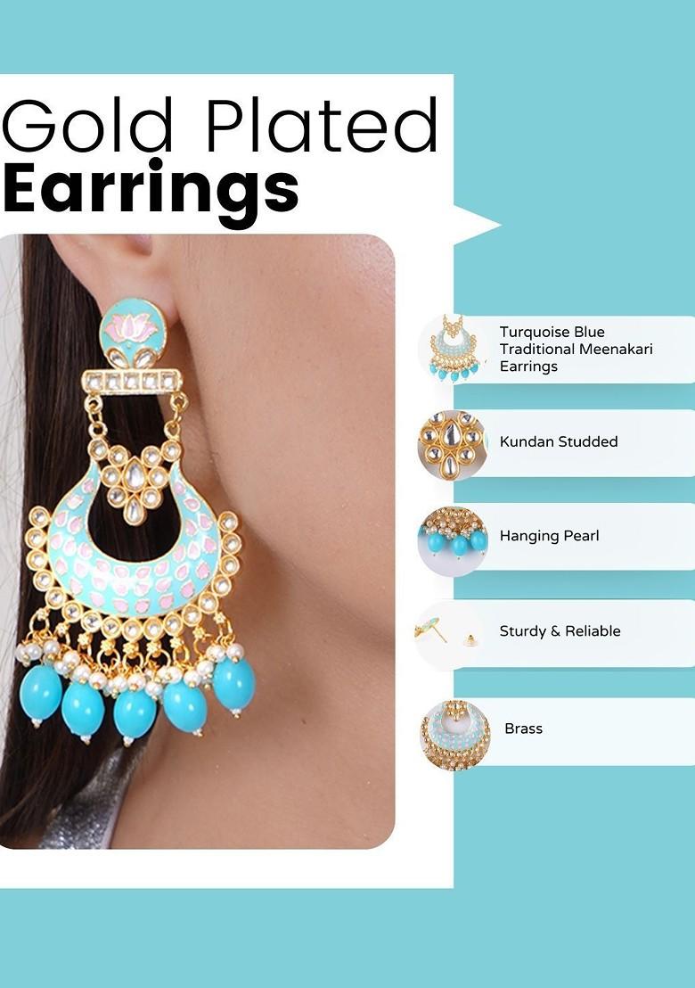 Turquoise Blue Artificial Stones And Beads Gold Plated Earrings