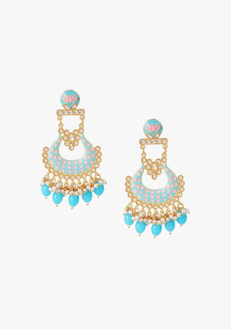 Turquoise Blue Artificial Stones And Beads Gold Plated Earrings
