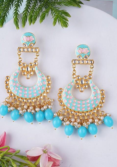 Turquoise Blue Artificial Stones And Beads Gold Plated Earrings