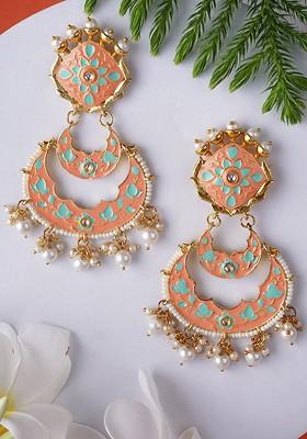 Peach Artificial Stones And Beads Gold Plated Earrings