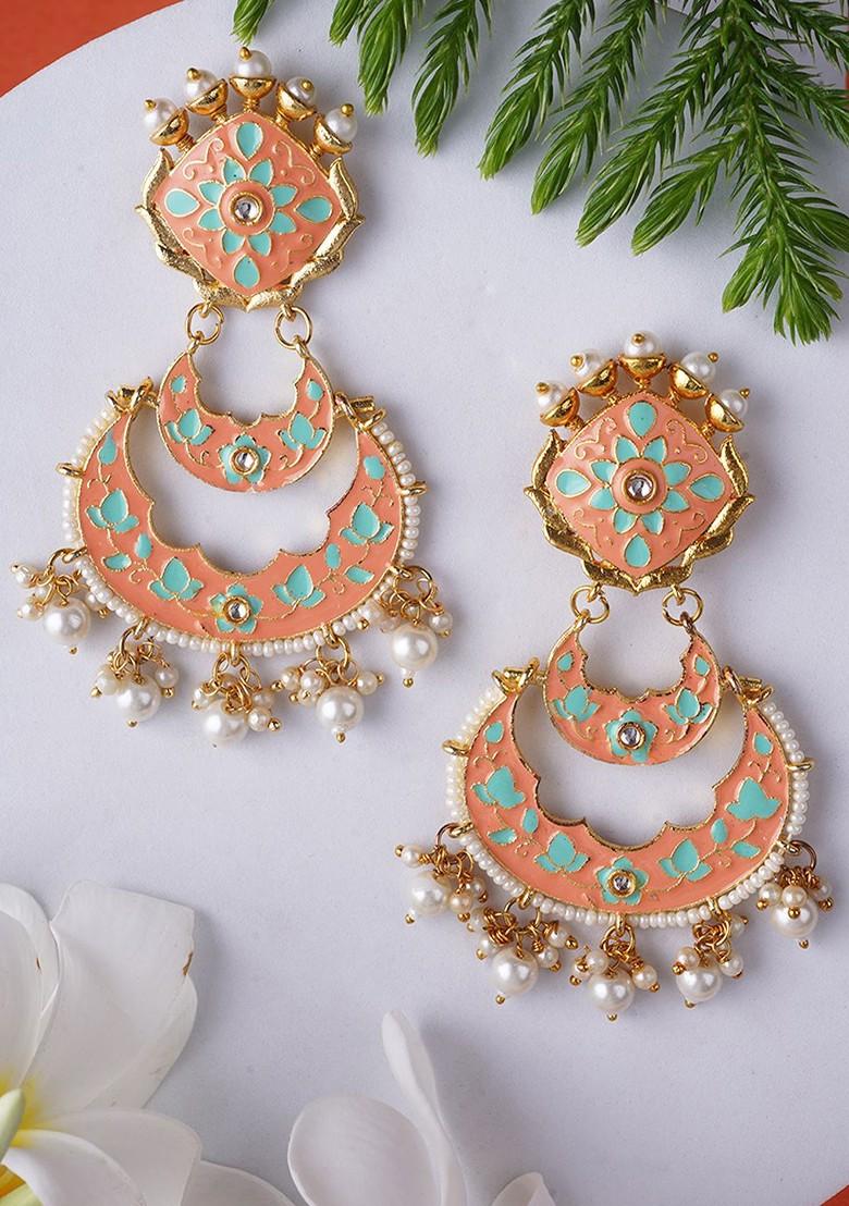 Peach Artificial Stones And Beads Gold Plated Earrings
