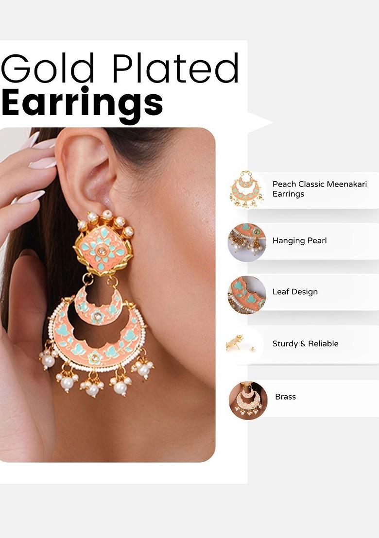 Peach Artificial Stones And Beads Gold Plated Earrings