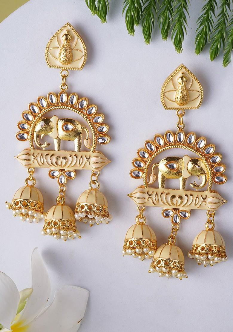 Beige Studded  And Beaded  Gold Plated Earrings