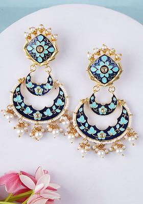 Navy Blue Artificial Stones And Beads Gold Plated Earrings