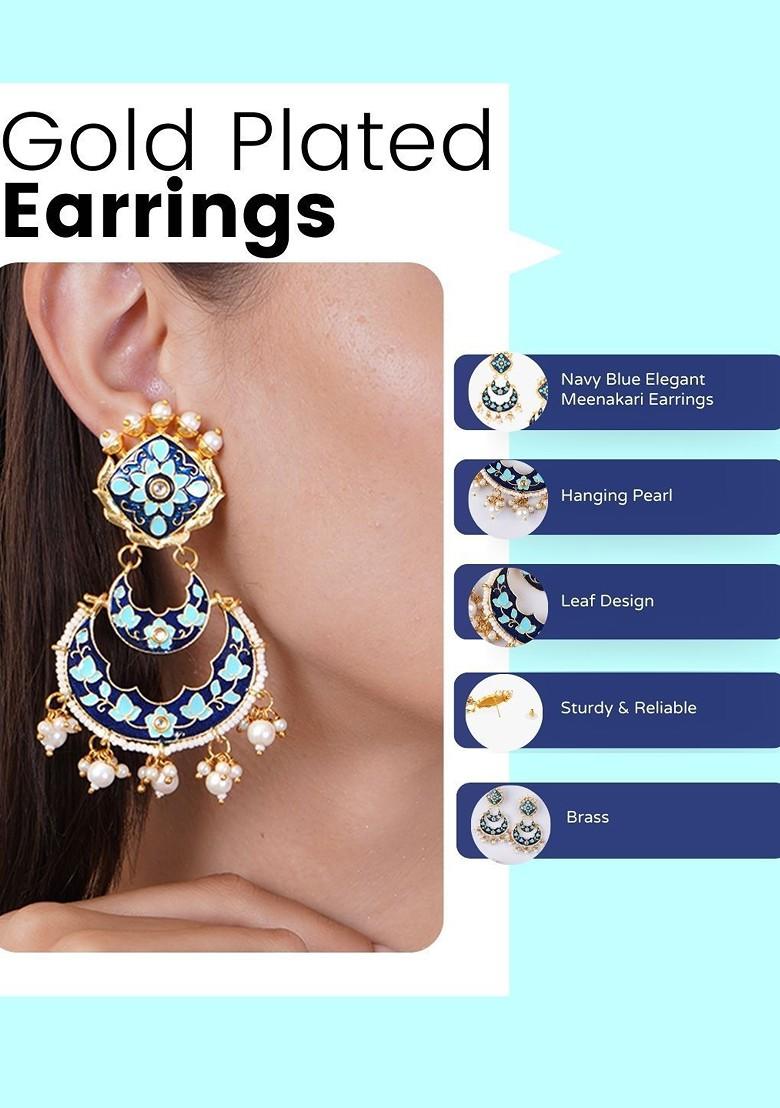 Navy Blue Artificial Stones And Beads Gold Plated Earrings