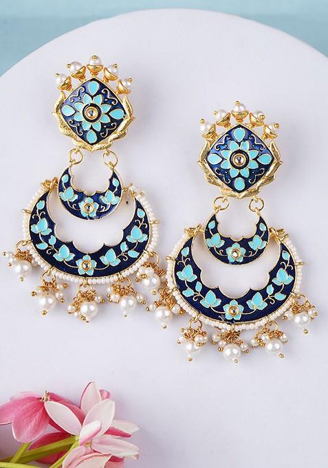 Navy Blue Artificial Stones And Beads Gold Plated Earrings