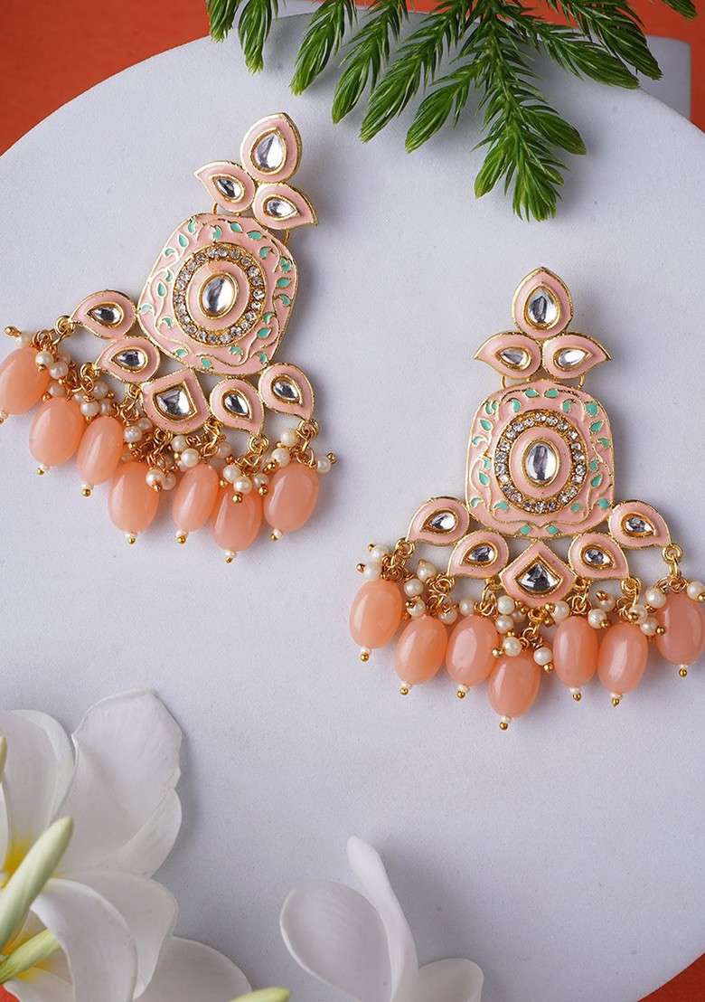 Peach Artificial Stones And Beads Gold Plated Earrings - Indya
