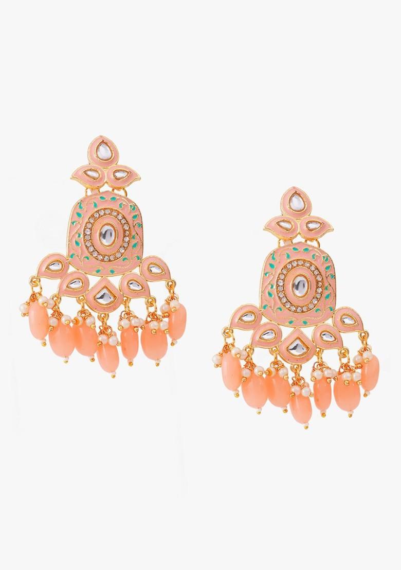 Peach Artificial Stones And Beads Gold Plated Earrings