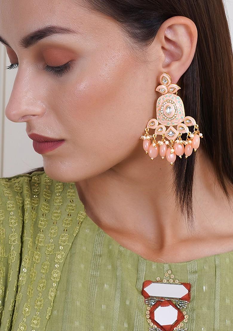 Peach Artificial Stones And Beads Gold Plated Earrings