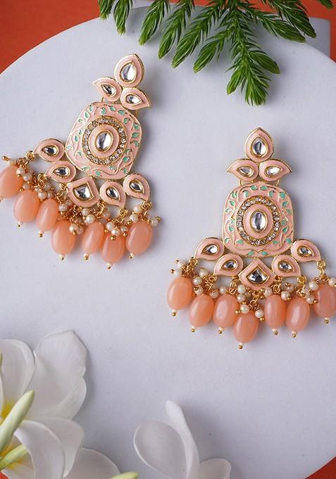 Peach Artificial Stones And Beads Gold Plated Earrings