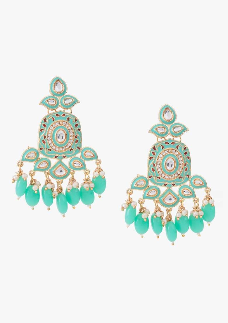 Sea Green Artificial Stones And Beads Gold Plated Earrings - Indya