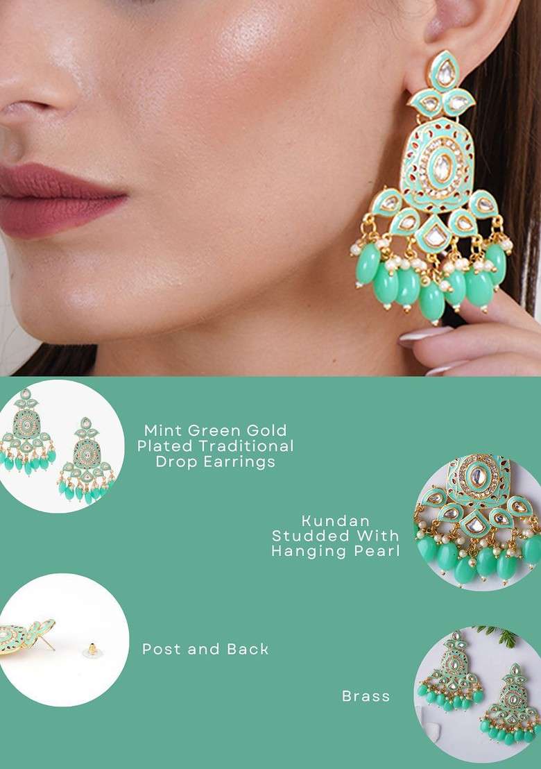 Sea Green Artificial Stones And Beads Gold Plated Earrings - Indya