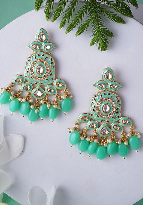 Sea Green Artificial Stones And Beads Gold Plated Earrings