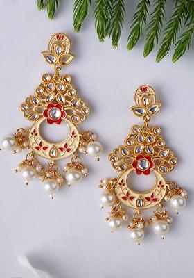 Cream Stone Studded And Beaded Gold Plated Earrings